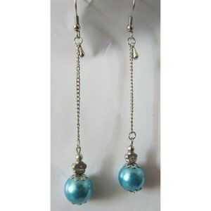 Silver and Frosted Blue Bead Dangle Fashion Earrings CA131